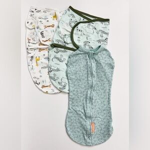 LOT OF 3 Adjustable Baby Swaddle Wraps & Swaddleme Pod - Safari & Mint - Small
